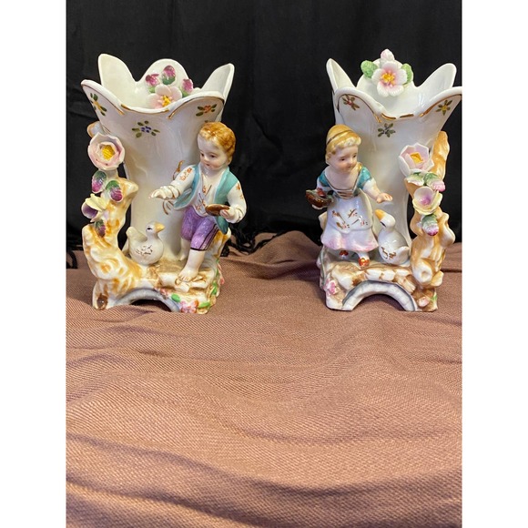 Ucagco Ceramics Set of Two (2) Figurine Vases, Girl with Duck and Boy with Duck. - Picture 1 of 16